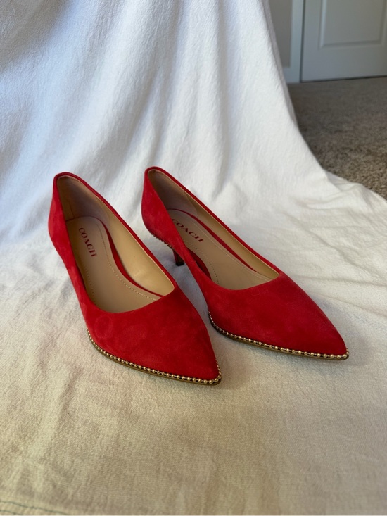 Coach Shoes - Coach Red Suede Gold Stud Trim Pointed Toe Pumps Heels 9.5
